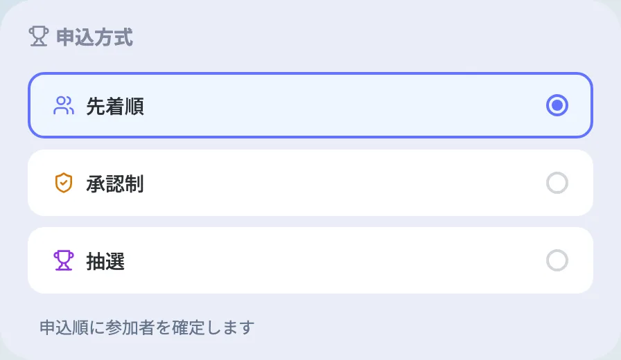 申込方式の選択（先着順・承認制・抽選）